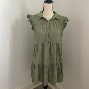 Lucky Brand Ruffle Tiered Mini Dress size Medium Olive Green Boho Chic Peasant